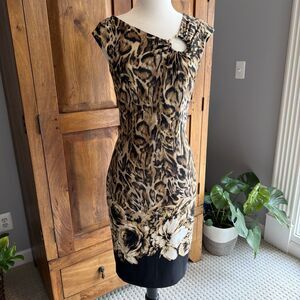 Vintage Y2K Cache Leopard Floral Bodycon Dress Keyhole Neck Size 2
